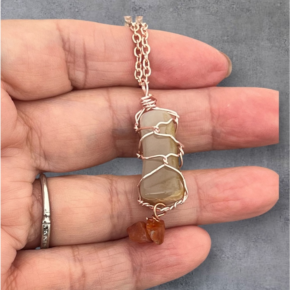 Rose gold plated natural stone pendant wire wrapped